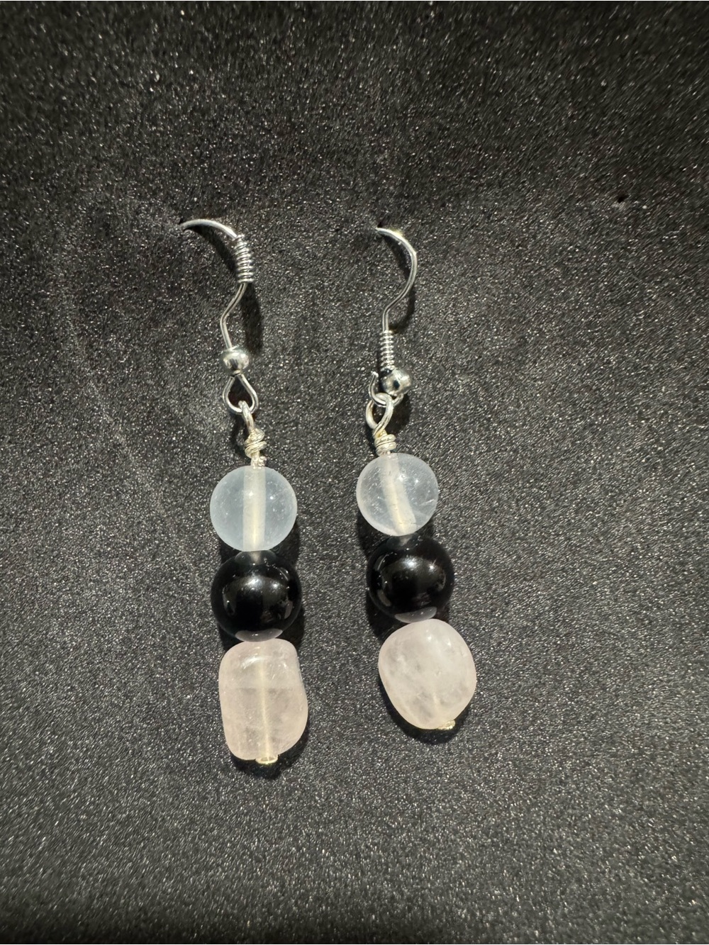 Handcrafted Black, Clear & Rose Quartz Bead Drop Earrings